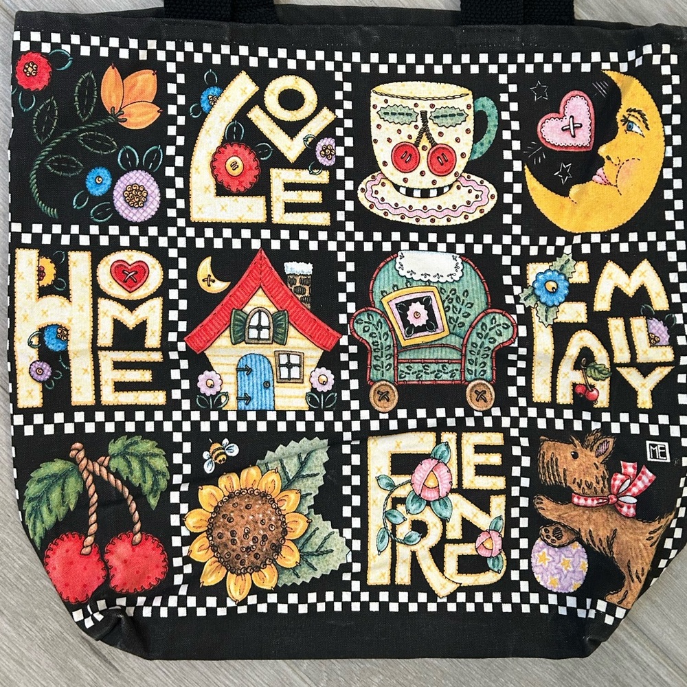 Vintage Mary Engelbreit Tote Bag Black with Colorful Patchwork Design - Picture 2 of 7